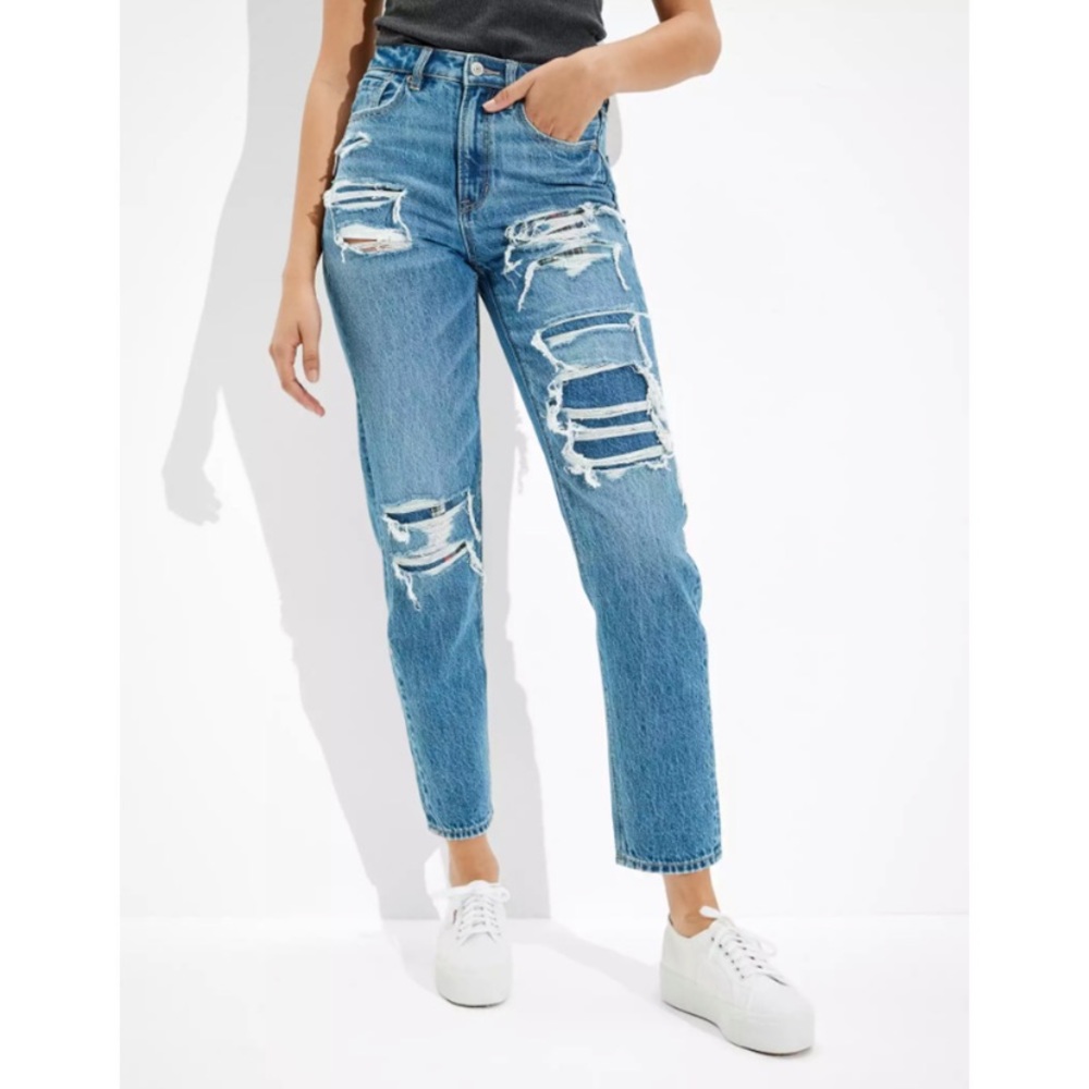 American Eagle Outfitters Blue Distressed Straight Leg Jeans